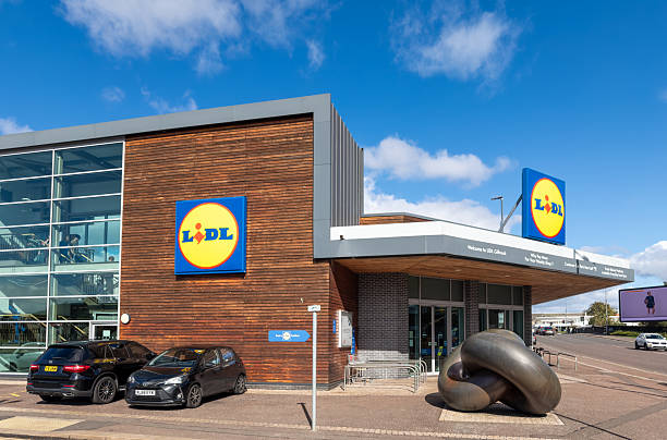 Giffnock, Scotland - Signs on the exterior of a Lidl store in Giffnock to the south of Glasgow.