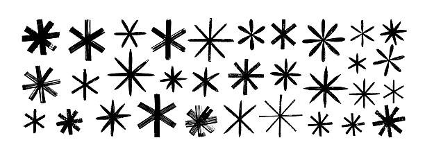 Various crayon drawn asterisks and star shapes. Bold brush drawn asterisks, vector funky geometric figures. Grunge bold and thin forms. Typography design elements. Naive playful abstract rough symbols