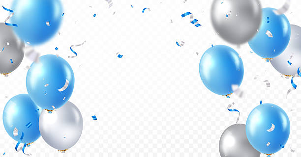 istock Blue and silver balloons, party confetti ribbons 2239581161