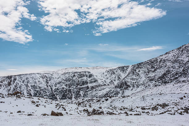 istock Cold snowy alpine landscape with last year's grass, sharp rocks and stones in white snow against snow-covered rocky mountain range under clouds in blue sky. High snow-white mountains in sunny day. 2239582768