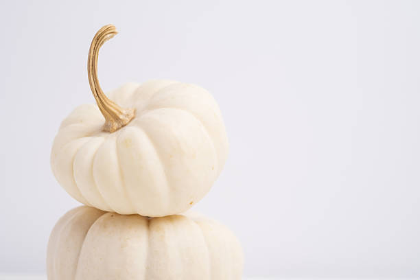 istock White pumpkins on a white table. Design template with pumpkins in the background. Still life. Cozy autumn concept. 2239583604