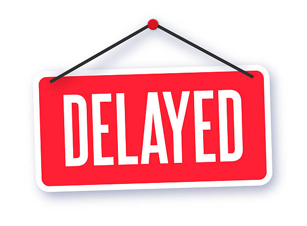 Delayed retro red business hanging sign isolated on white background.