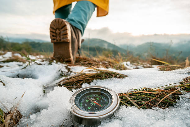 Explorer with map on the ground and marking the course with a compass