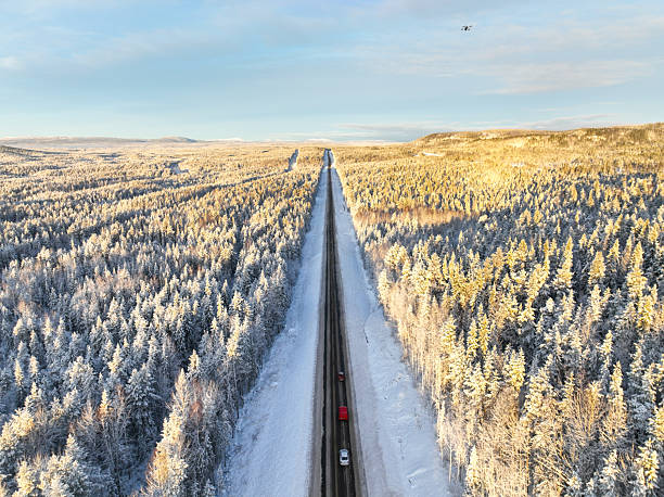 istock Long straight road through a vast snow-covered forest at sunrise 2239592755