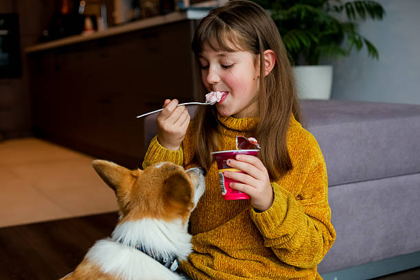 istock Child eating pudding with a fork in a yellow sweater 2239592844