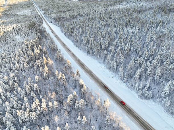 istock Two cars driving on a snowy road through a dense winter forest 2239593697