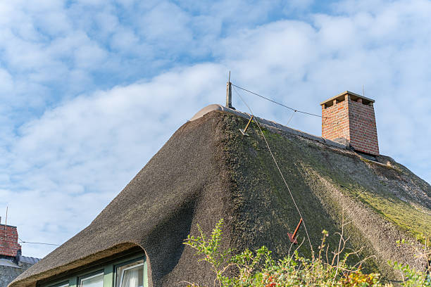 A traditional thatched roof with a brick chimney rises into the blue sky.