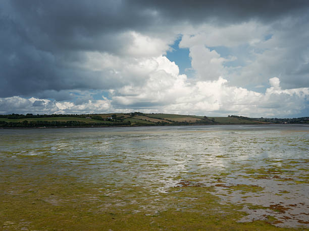 Grey clouds loom above a serene coastal scene.