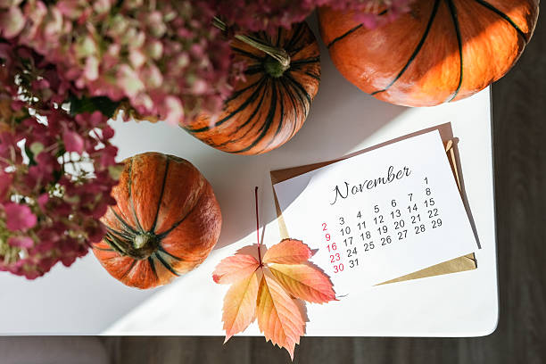 istock November calendar sheet with fall leaf and three striped pumpkins on white table. Seasonal change and planning for the autumn months 2239604761