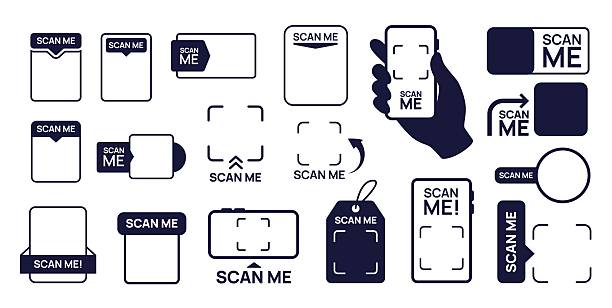 illustrazioni stock, clip art, cartoni animati e icone di tendenza di codice qr. scansionami con il design dell'etichetta del telefono. cornice per scanner di codici qr e codici a barre, pulsante dell'app per la tecnologia aziendale digitale. set vettoriale di icone isolate - codice qr