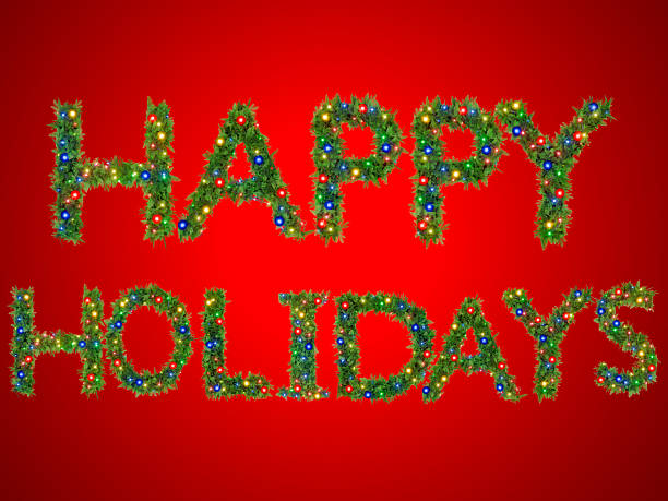 Happy Holidays text in Christmas tree branches on a red background.