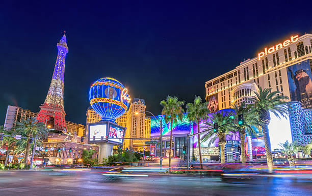 Las Vegas, Nevada, USA - May 9, 2024: Nightlife in Las Vegas boulevard on May 9, 2024 in Las Vegas, Nevada. The Strip is home to the largest hotels and casinos in the world.