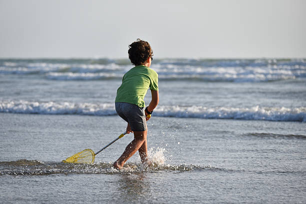 Young boy with a stick in hand standing on a pebbly beach next to the sea, overlooking the water. Childhood summer vacation and outdoor activity concept.