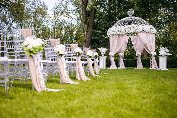 istock Beautiful wedding arch and white chairs on a green lawn 2239633418