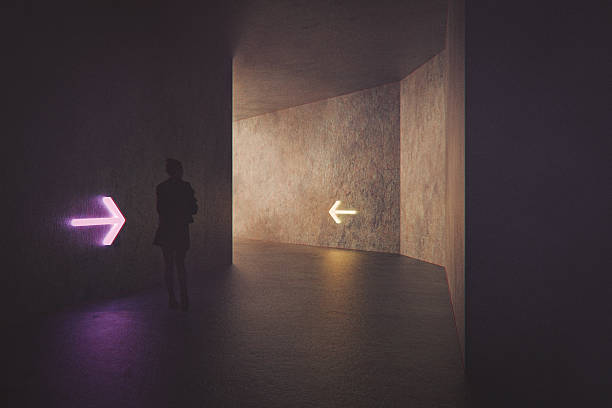 Young woman standing in corridor with directional signs. 3D generated image.
