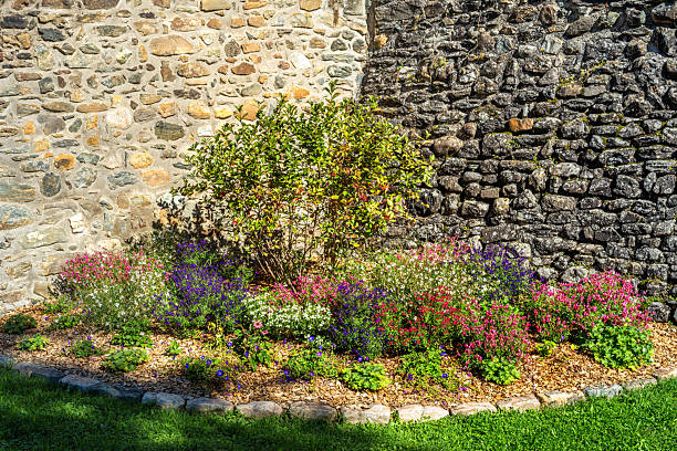 A vibrant garden with colorful flowers and a medieval stone wall backdrop in Yvoire, France.