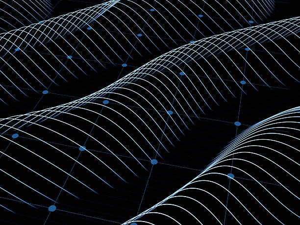 istock Blue grid and wavy lines form a smooth and futuristic pattern over a dark background. 2239647335