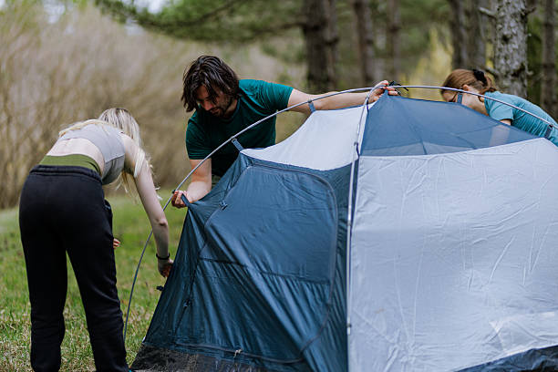 istock Friends setting up a tent in a forest during a camping trip on a sunny day in spring 2239648394