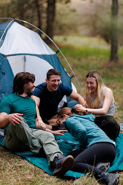 istock Friends enjoying a fun camping experience under the trees during a sunny day in nature 2239648410