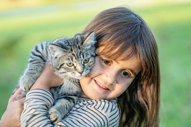 istock Young Girl Smiling While Hugging A Striped Cat Outdoors In Warm Evening Light 2239649302