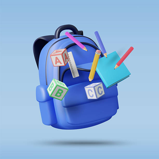 istock 3D vector illustration render of blue school bag with pencils, notebooks and A B C letter blocks. Early education and learning concept for early childhood teaching materials, kindergarten. 2239652479