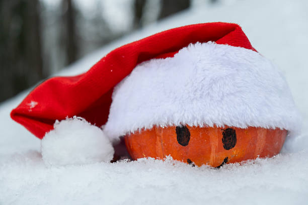 Funny orange pumpkin with smile and eyes in Santa's hat in snowy background. Creative concept of sharp cooling in autumn. Climate change. Sustainable responsible Christmas holiday celebration