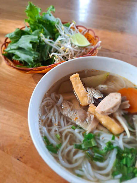 Vegetarian pho noodle soup with tofu and vegetables