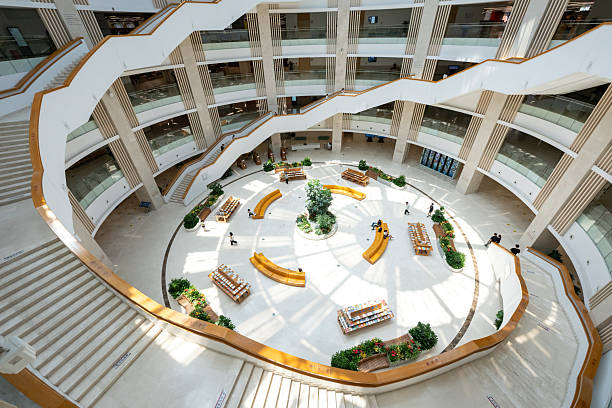 Neat bookshelves filled with books in the library of modern architecture