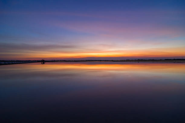 istock Spectacular Twilight Sky with Vibrant Colors and Dramatic Clouds perfectly Reflected on Calm Water or Lake Surface. Serene Landscape at Dusk or Dawn. 2239695239