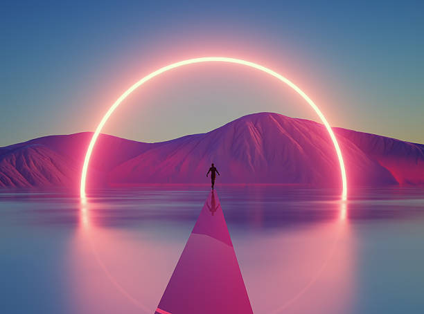 Majestic sunset with a lone figure walking on a geometric pathway across a tranquil lake