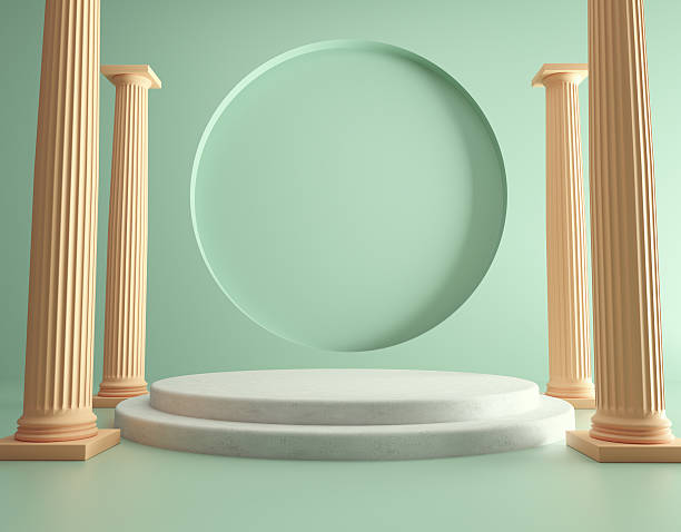 istock Modern design showcase with light green walls and round display featuring classical columns and a marble platform 2239703143