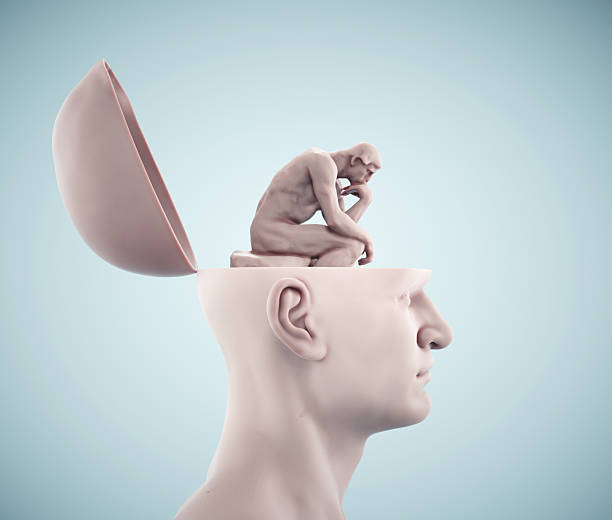 Sculptural representation of deep thinking depicted through a human head with an open top and a figure inside