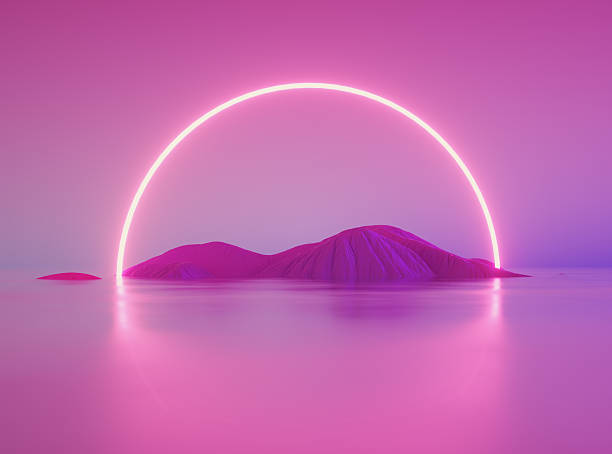 istock Serene landscape featuring purple hills and a glowing arc over a tranquil water surface at sunset 2239703228
