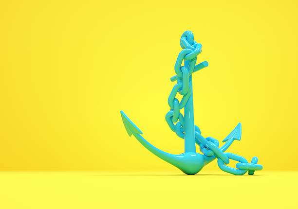 Colorful anchor design with chain against vibrant yellow background in minimalist style. This is a 3d rener illustration