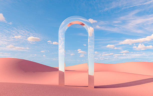 istock Surreal mirror arch installation in pink desert landscape with blue sky, 3d rendering 2239703550