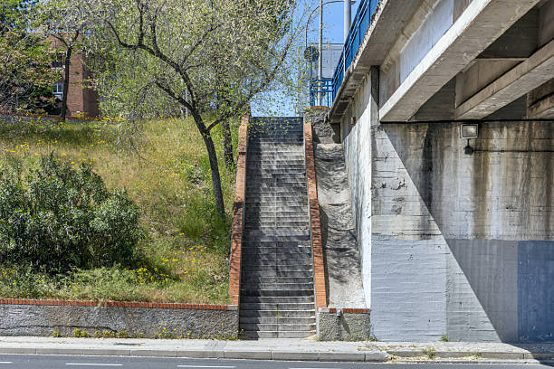 A staircase with granite steps, a bridge wall on one side and a garden area on the other