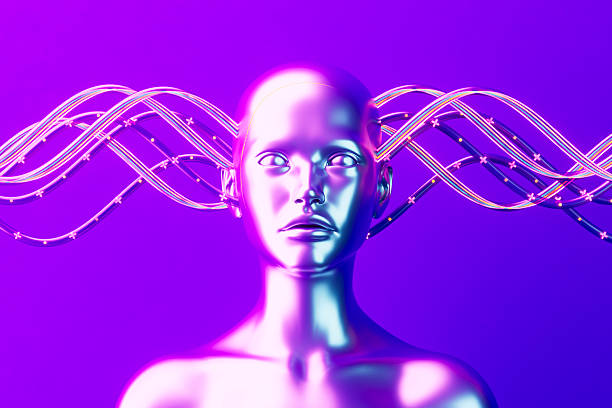 A digitally generated image of a cyborg head integrating with glowing fiber optic network connections. This illustrates Machine Learning and AI, symbolizing the fusion of human and artificial intelligence, neuro-technology, and advanced data processing. Perfect for futuristic, technology, and science themes.