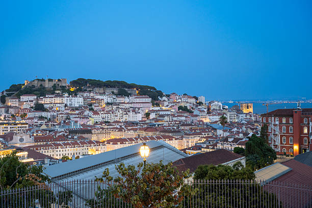 Evening view over Lisbon with illuminated rooftops, São Jorge Castle, and the Tagus River in the background. A vibrant urban landscape blending historic charm and twilight atmosphere.
