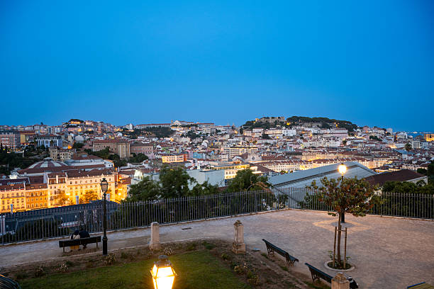 Twilight panorama of Lisbon showing São Jorge Castle, historic buildings, and glowing rooftops. A peaceful urban scene framed by lampposts and a viewpoint terrace overlooking the city at dusk.