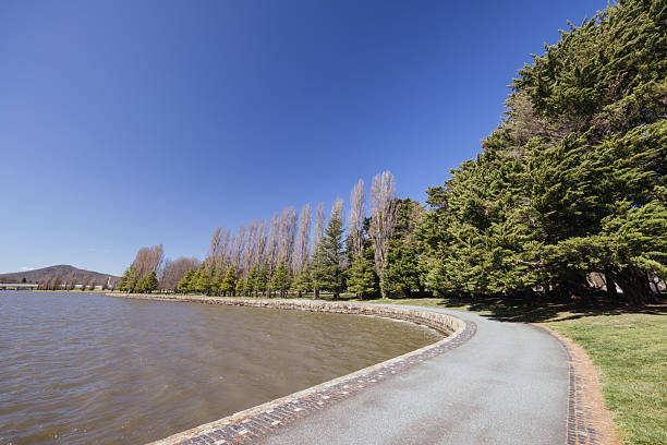 CANBERRA, AUSTRALIA - SEPTEMBER 14, 2025: Canberra Nara Peace Park and waterfront on a warm spring afternoon in Australian Capital Territory, Australia.