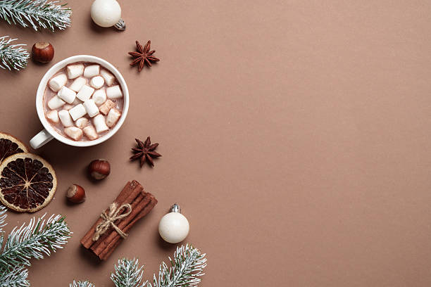 istock Hot chocolate, christmas cookies and spices. Flat lay image with copy space. 2239727206