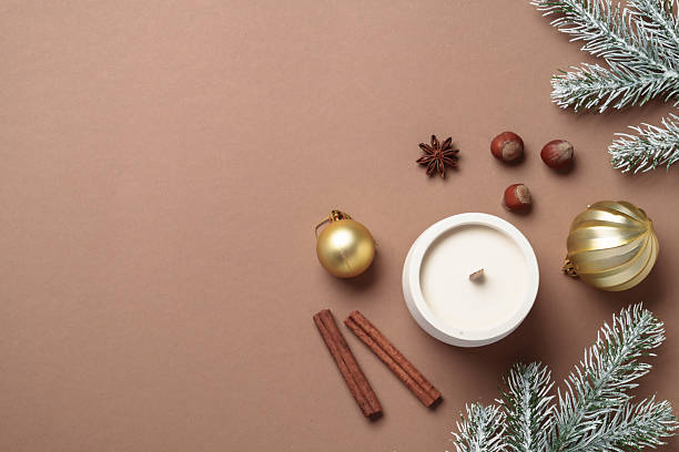 istock Christmas composition with fir tree, spices and ornaments. Top view with copy space. 2239728027