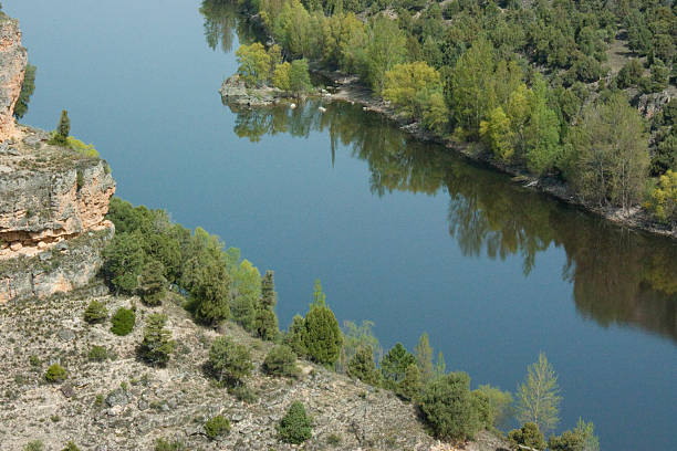 Duraton River carving a dramatic canyon with steep cliffs, verdant forest and clear blue water in Segovia, Spain — a serene, untouched natural park landscape ideal for hiking and nature lovers