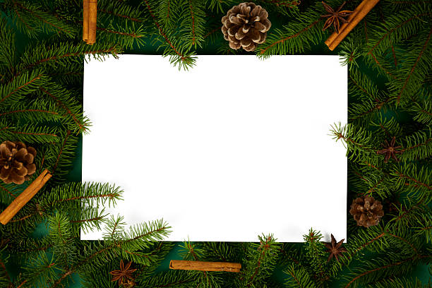 dark green christmas frame border with fir tree branches, cinnamon sticks and pine cones