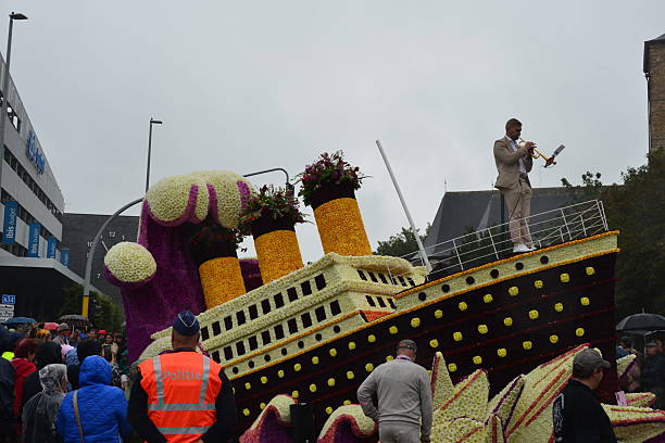 Noordwijk, Netherlands - April 22, 2017: Platform with  tulips and hyacinths follows the route of the traditional flowers parade Bloemencorso from Noordwijk to Haarlem in the Netherlands.