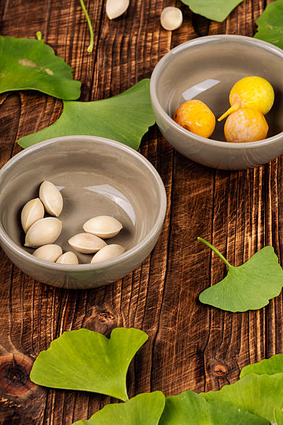Ginkgo biloba essential extract,herbal or natural medicine on wooden surface.