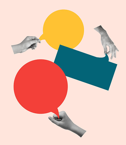 istock Contemporary art collage of human hands holding bright dialogue bubbles. 2239745017