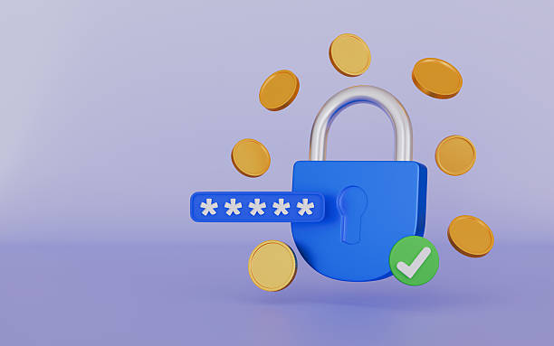 istock Cyber security service with lock, password, checkmark and coins, Data security landing page concept 2239746386