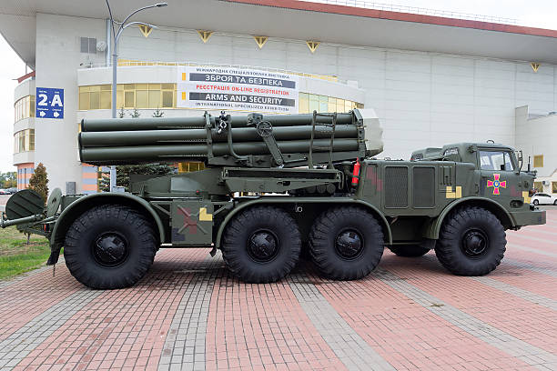 Kyiv, Ukraine - October 13, 2017: Rocket system A9P140 Hurricane at the exhibition \