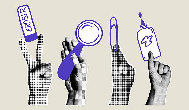 istock Set of retro collage elements with stationery items. Halftone hands in vintage style. 2239750384